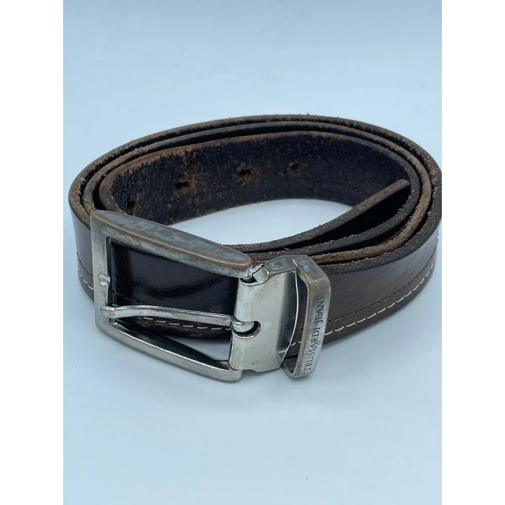 Trussardi Jeans Brown 100 Leather Belt Made in‎ Italy Sz 38/100cm Silver Buckle